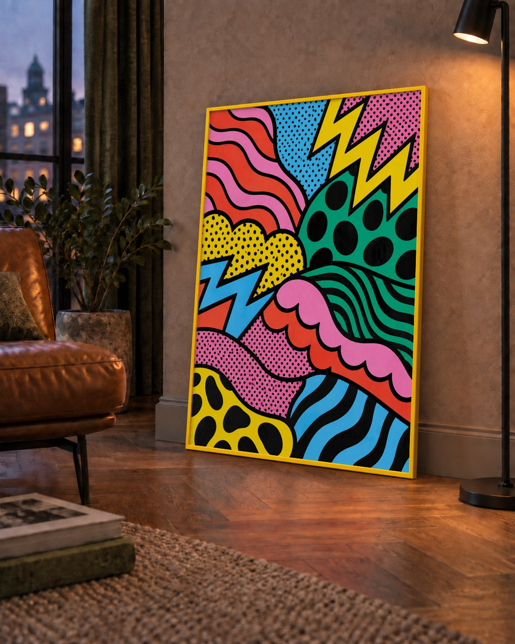 Renkli Soyut Pop Art Dalga Desenli Poster — çerçeveli hâliyle bir ev duvarında