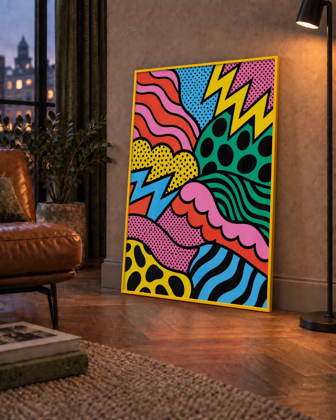 Renkli Soyut Pop Art Dalga Desenli Poster — çerçeveli hâliyle bir ev duvarında