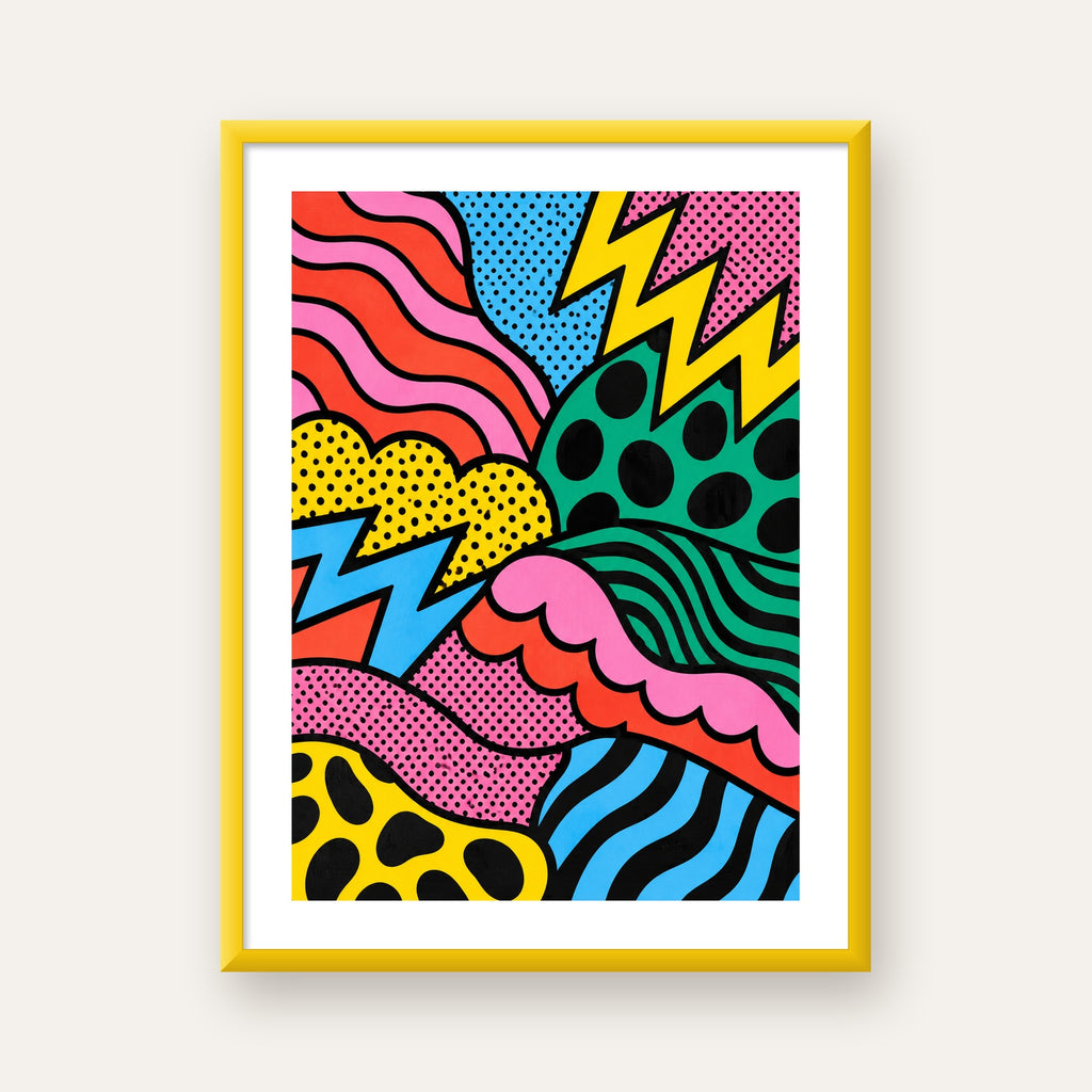 Renkli Soyut Pop Art Dalga Desenli Poster — sarı çerçeveli paspartulu