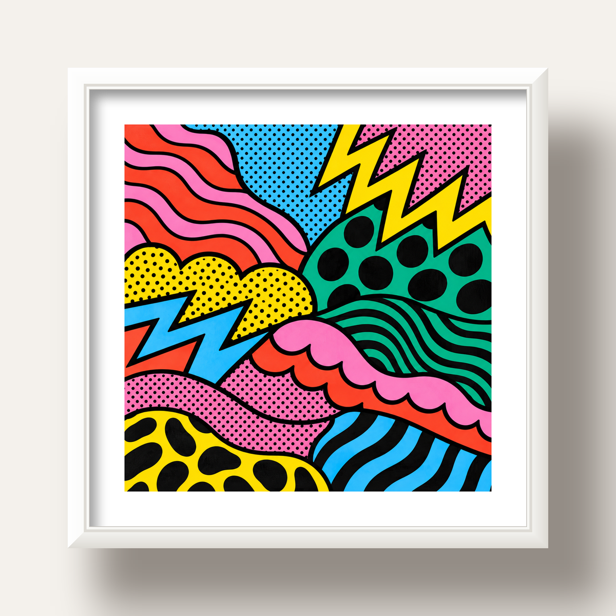 Renkli Soyut Pop Art Dalga Desenli Poster — beyaz derin çerçeveli paspartulu