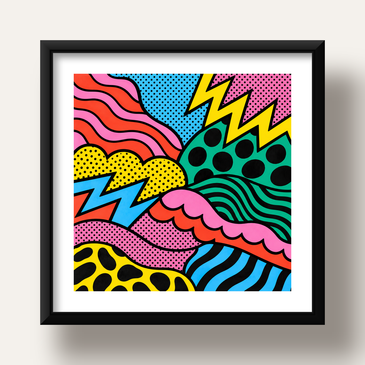 Renkli Soyut Pop Art Dalga Desenli Poster — siyah derin çerçeveli paspartulu