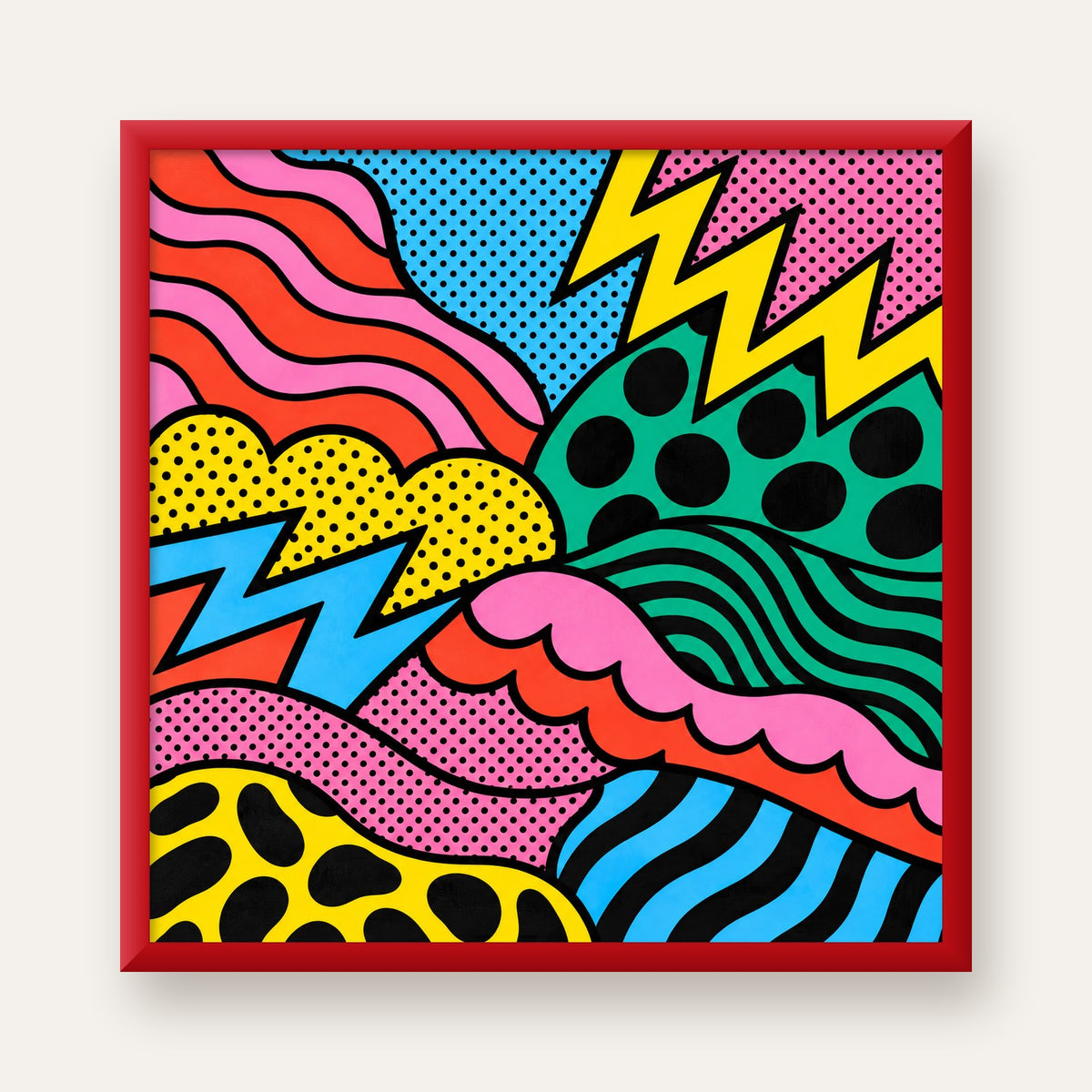 Renkli Soyut Pop Art Dalga Desenli Poster — kırmızı çerçeveli