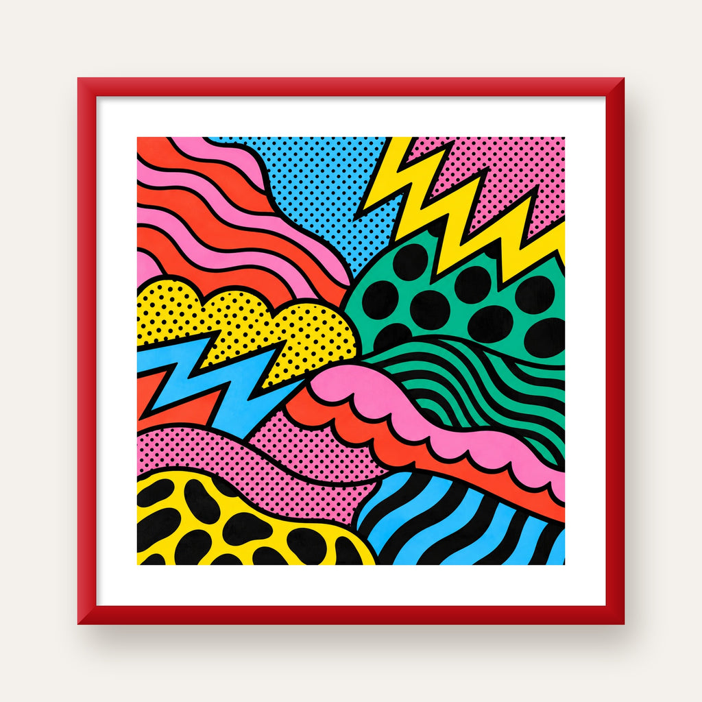 Renkli Soyut Pop Art Dalga Desenli Poster — kırmızı çerçeveli paspartulu