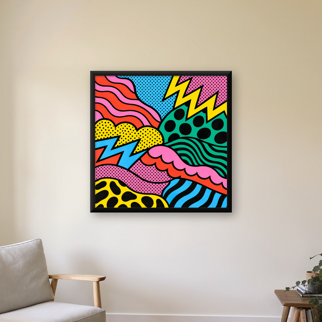 Renkli Soyut Pop Art Dalga Desenli Poster — Kare baskı, çerçeveli hâliyle bir ev duvarında