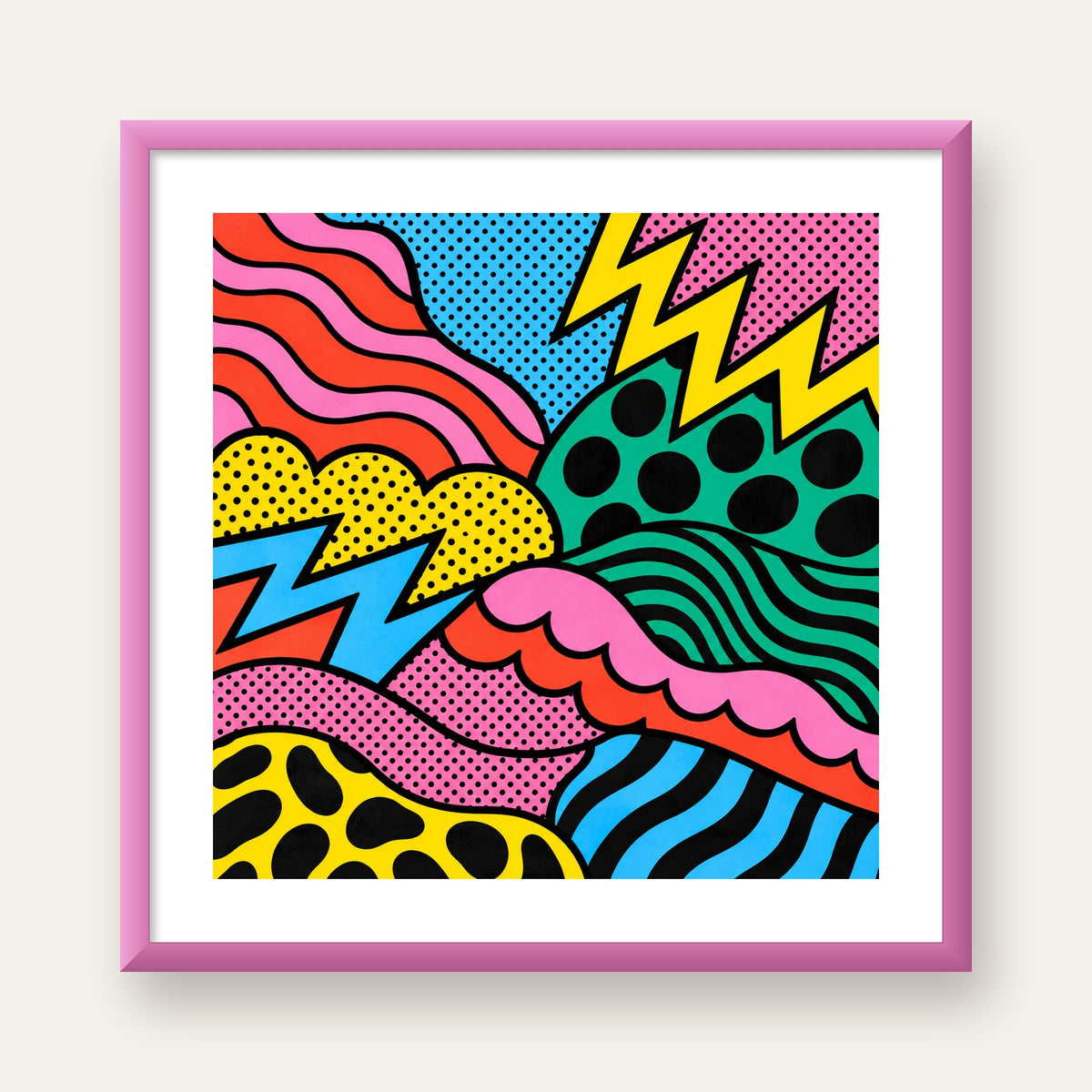 Renkli Soyut Pop Art Dalga Desenli Poster — pembe çerçeveli paspartulu