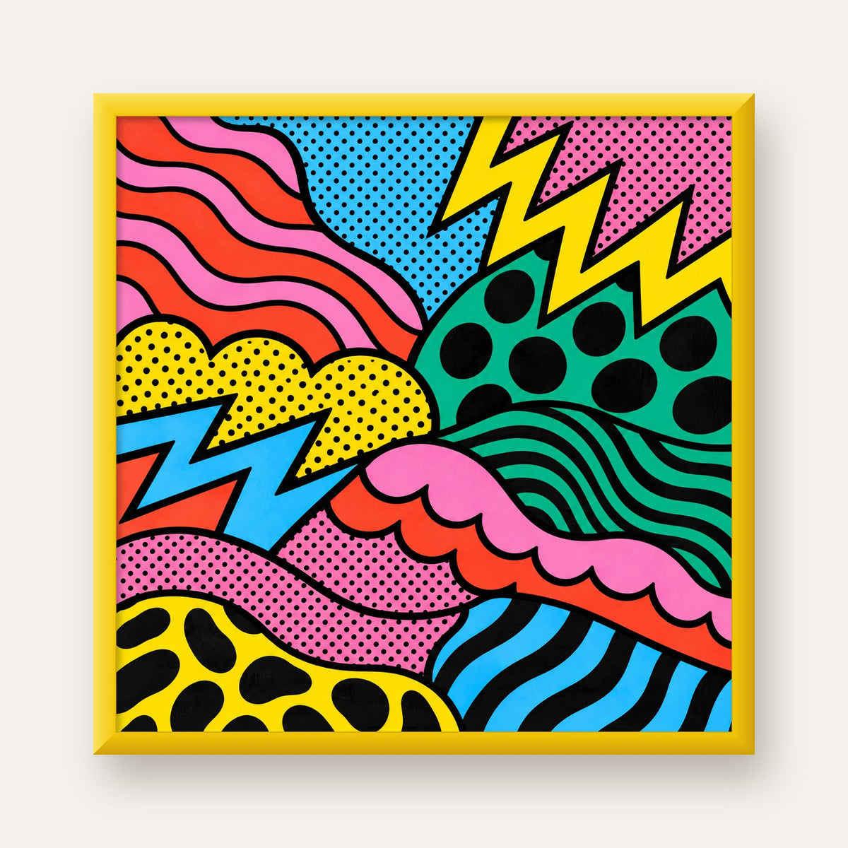 Renkli Soyut Pop Art Dalga Desenli Poster — sarı çerçeveli