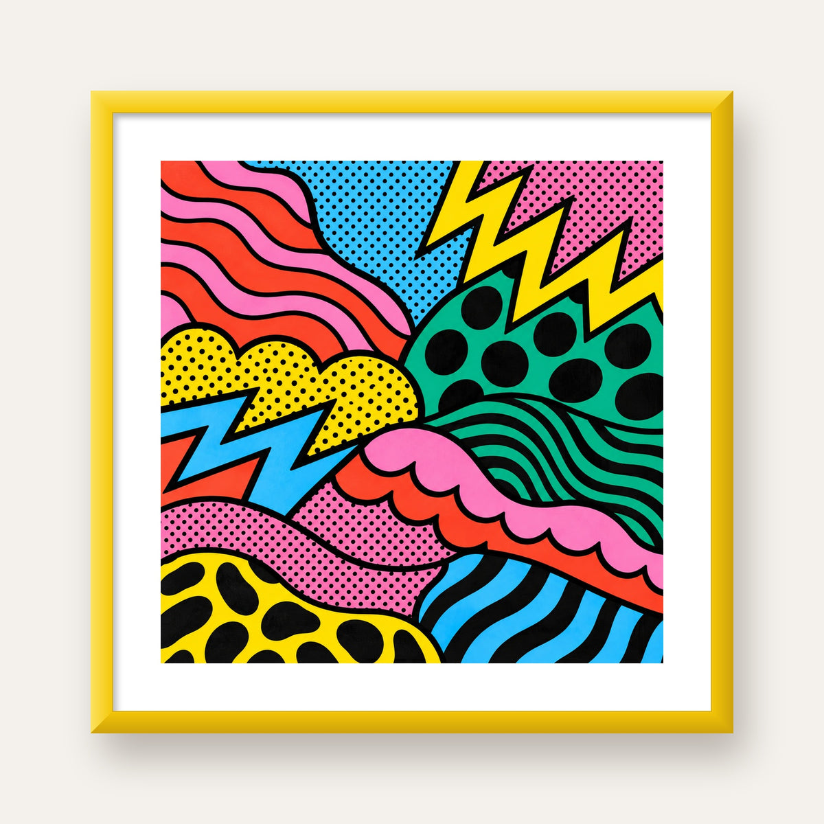 Renkli Soyut Pop Art Dalga Desenli Poster — sarı çerçeveli paspartulu