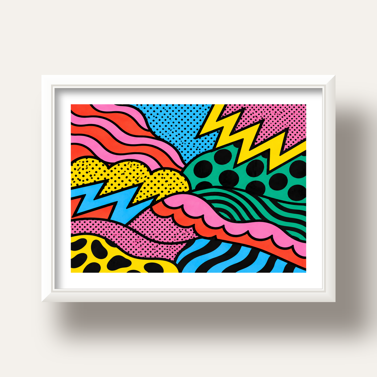 Renkli Soyut Pop Art Dalga Desenli Poster — beyaz derin çerçeveli paspartulu