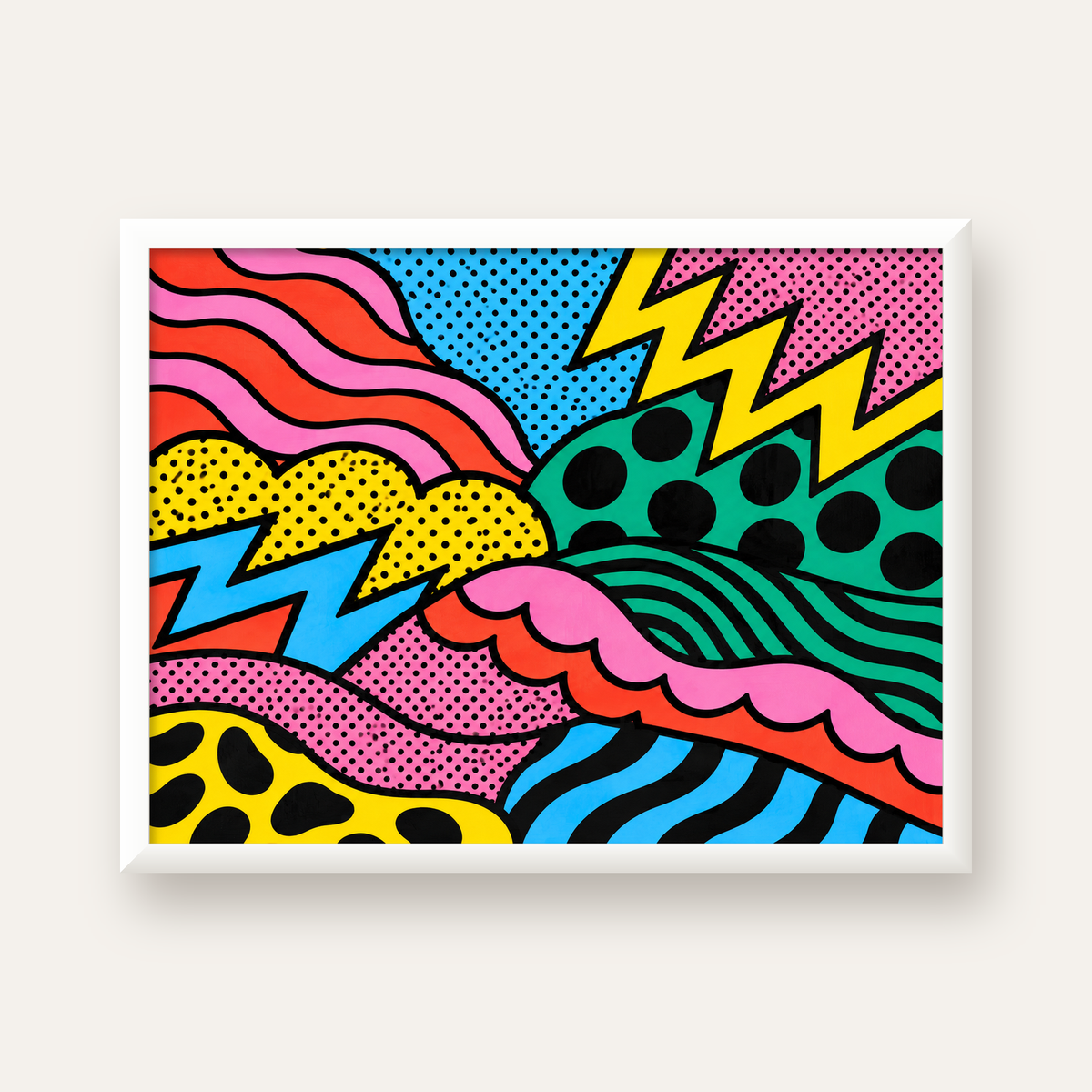 Renkli Soyut Pop Art Dalga Desenli Poster — beyaz çerçeveli yatay poster