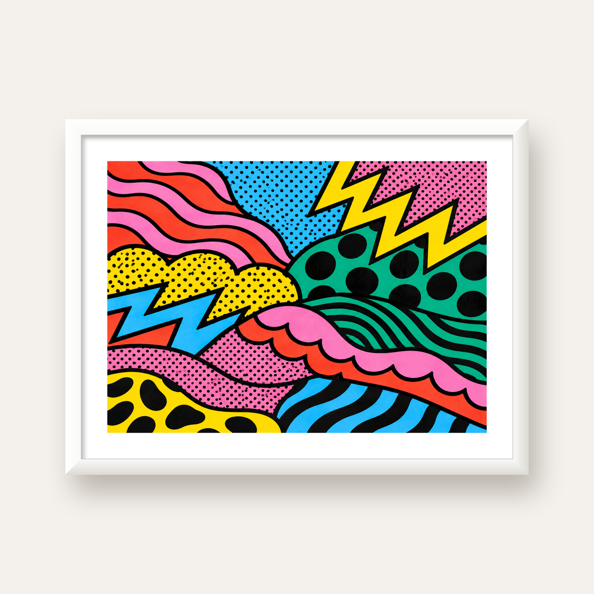 Renkli Soyut Pop Art Dalga Desenli Poster — beyaz çerçeveli yatay poster