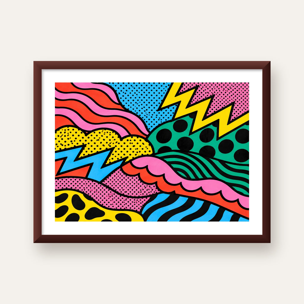 Renkli Soyut Pop Art Dalga Desenli Poster — ceviz çerçeveli paspartulu