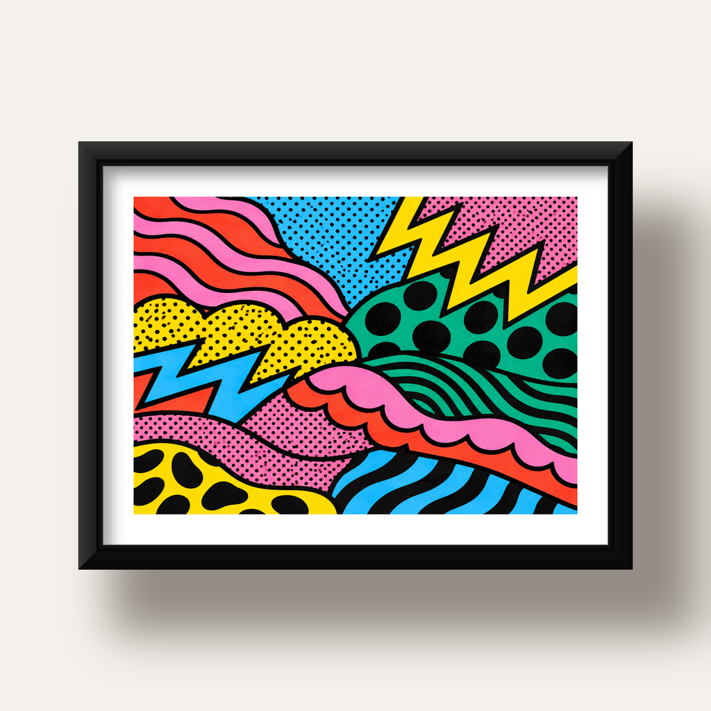 Renkli Soyut Pop Art Dalga Desenli Poster — siyah derin çerçeveli paspartulu