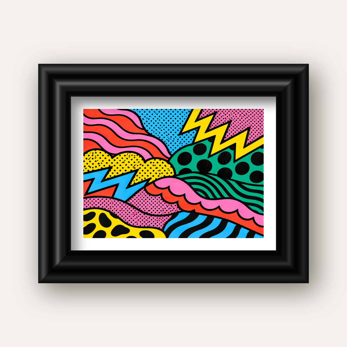Renkli Soyut Pop Art Dalga Desenli Poster — siyah galeri çerçeveli paspartulu