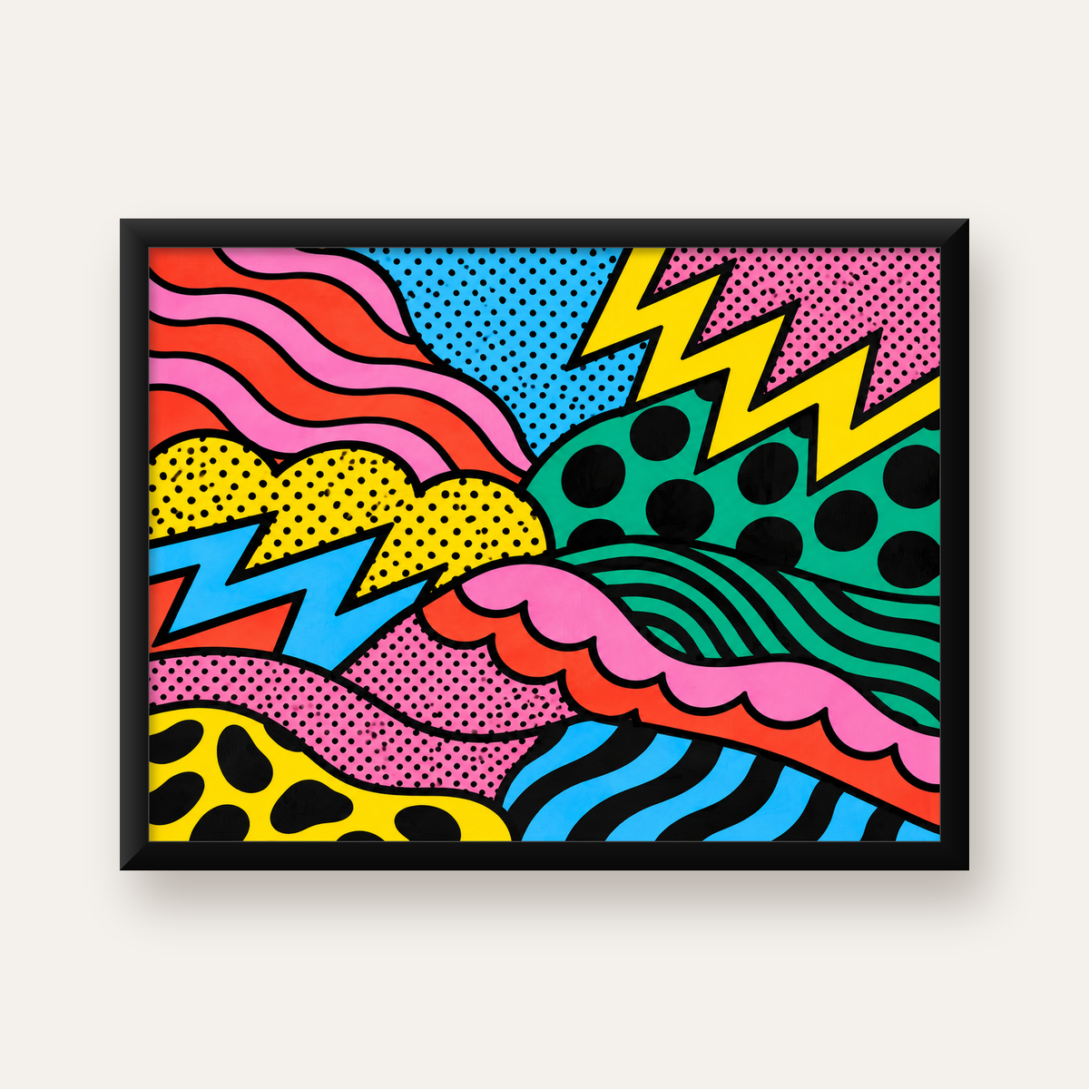 Renkli Soyut Pop Art Dalga Desenli Poster — Yatay baskı, düz siyah çerçeveli duvar posteri