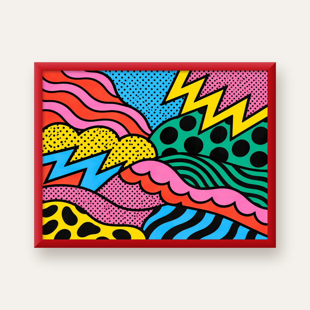 Renkli Soyut Pop Art Dalga Desenli Poster — kırmızı çerçeveli