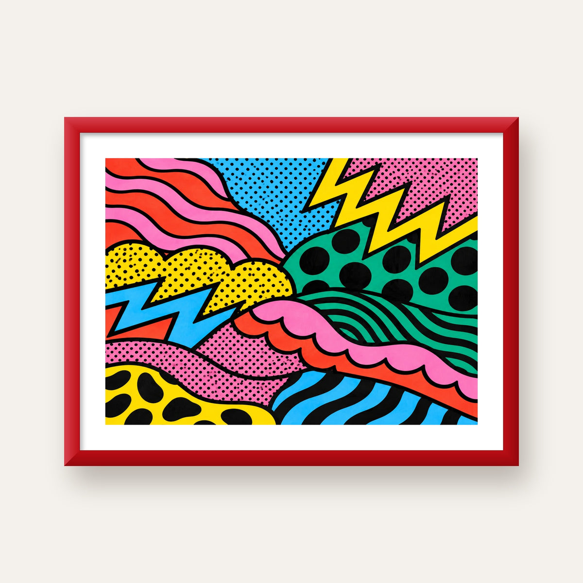 Renkli Soyut Pop Art Dalga Desenli Poster — kırmızı çerçeveli paspartulu