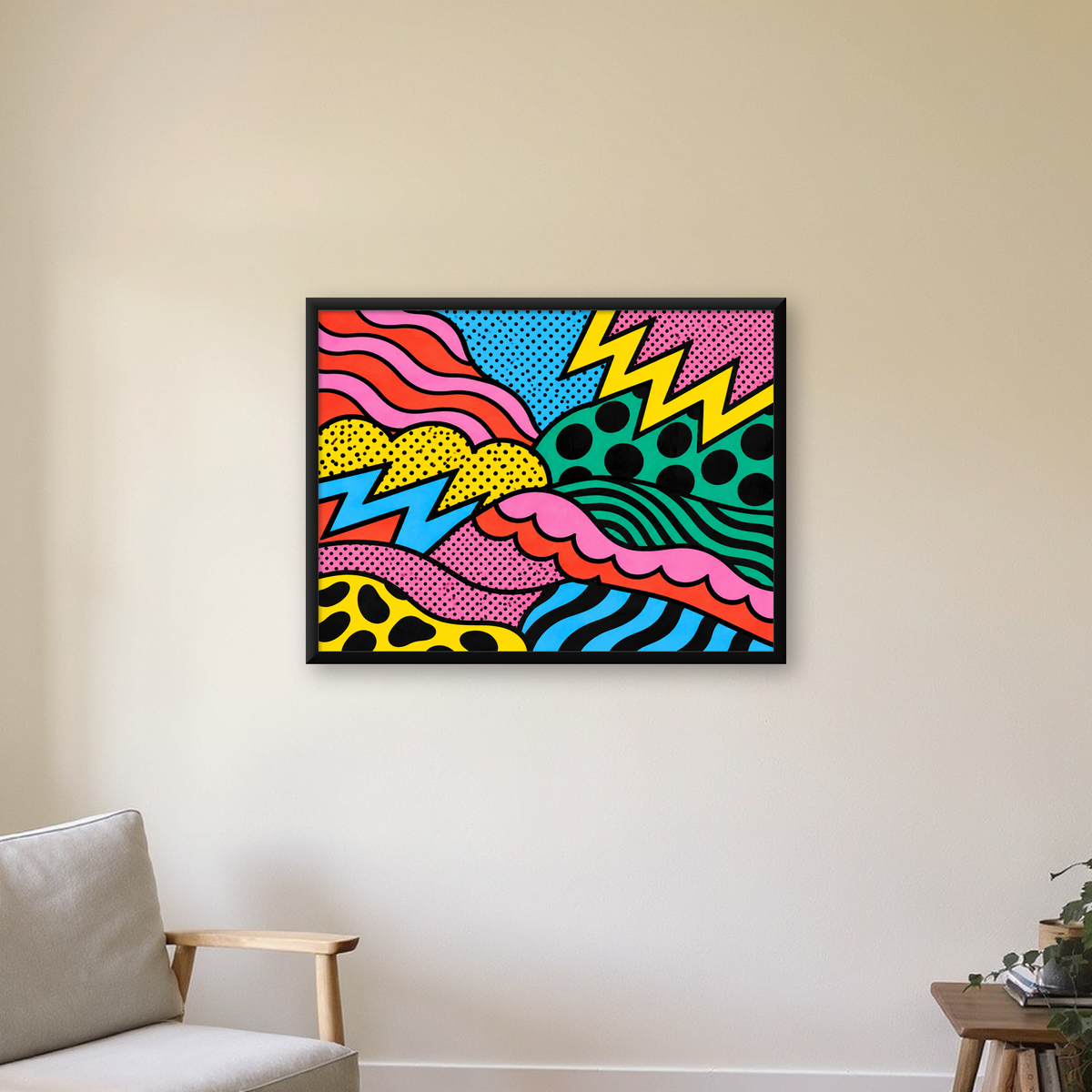 Renkli Soyut Pop Art Dalga Desenli Poster — Yatay baskı, çerçeveli hâliyle bir ev duvarında