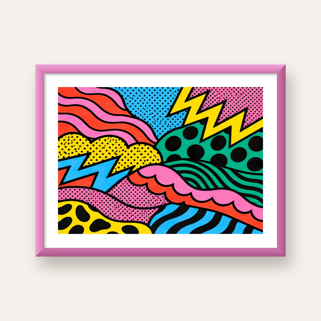 Renkli Soyut Pop Art Dalga Desenli Poster — pembe çerçeveli paspartulu