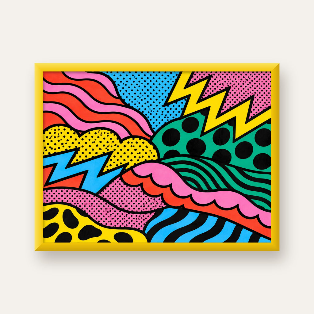 Renkli Soyut Pop Art Dalga Desenli Poster — sarı çerçeveli