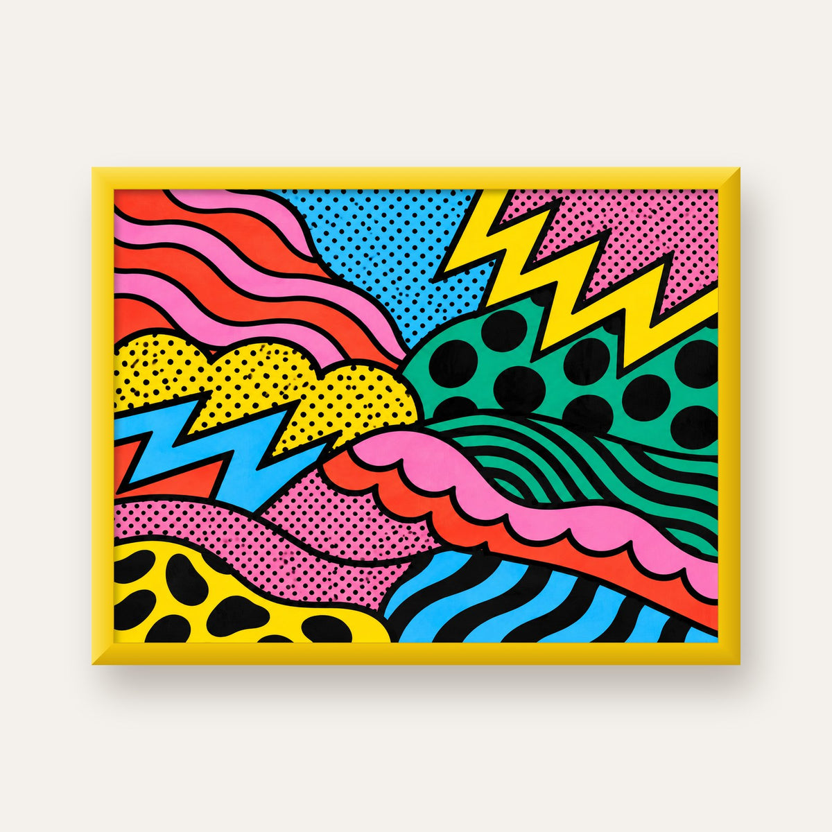 Renkli Soyut Pop Art Dalga Desenli Poster — sarı çerçeveli