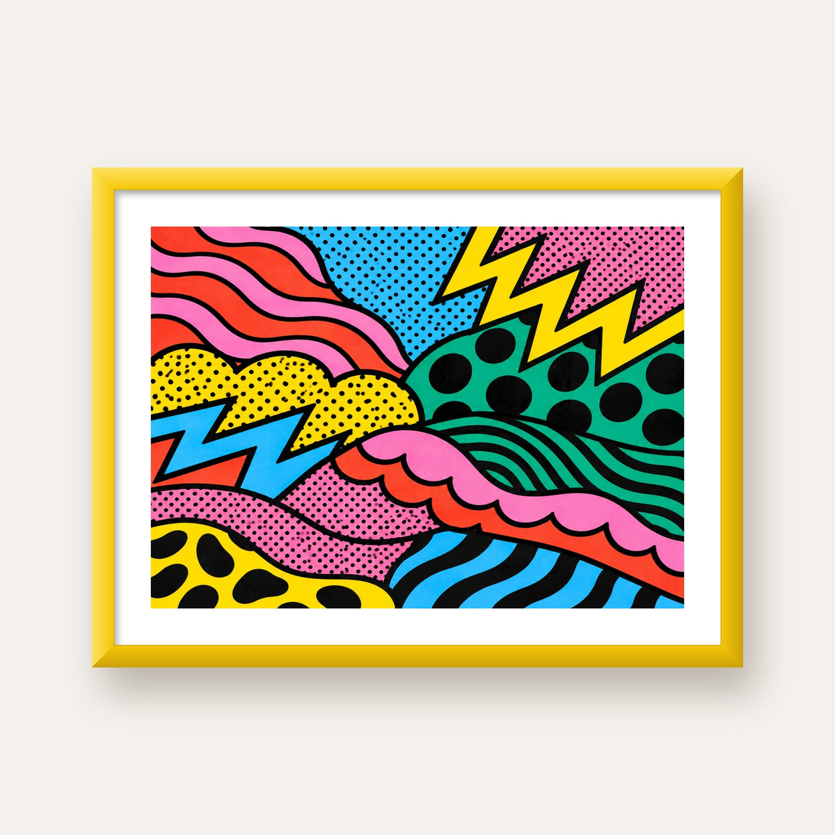 Renkli Soyut Pop Art Dalga Desenli Poster — sarı çerçeveli paspartulu