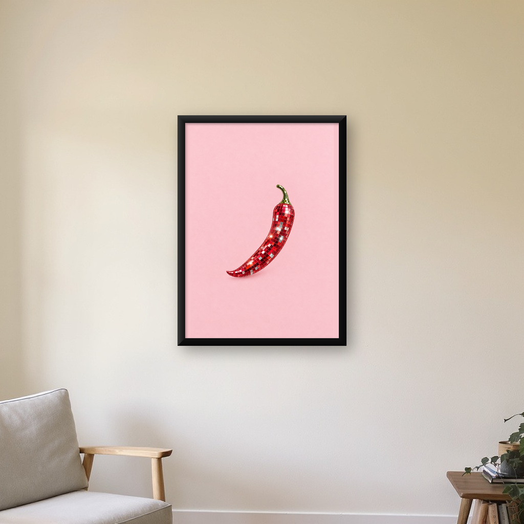 Disco Biber Poster – Dijital Kolaj Eğlenceli Duvar Dekoru — Dikey baskı, çerçeveli hâliyle bir ev duvarında
