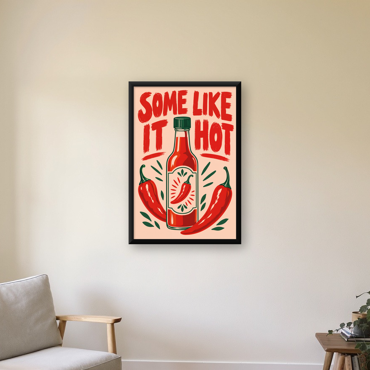 Some Like It Hot Acı Sos & Kırmızı Biber Retro Poster — çerçeveli hâliyle bir ev duvarında