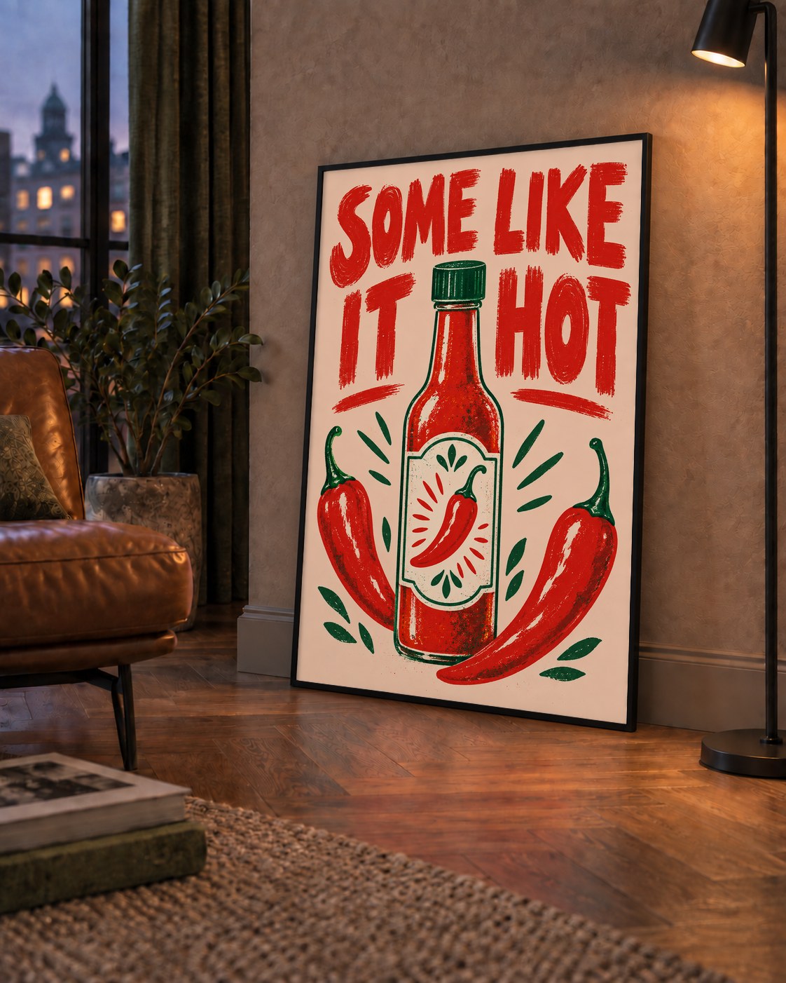 Some Like It Hot Acı Sos & Kırmızı Biber Retro Poster — çerçeveli hâliyle bir ev duvarında