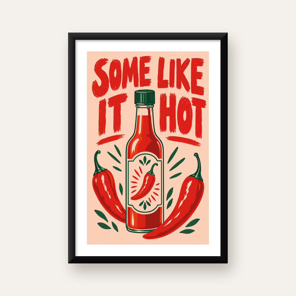 Some Like It Hot Acı Sos & Kırmızı Biber Retro Poster — beyaz paspartulu, düz siyah çerçeveli