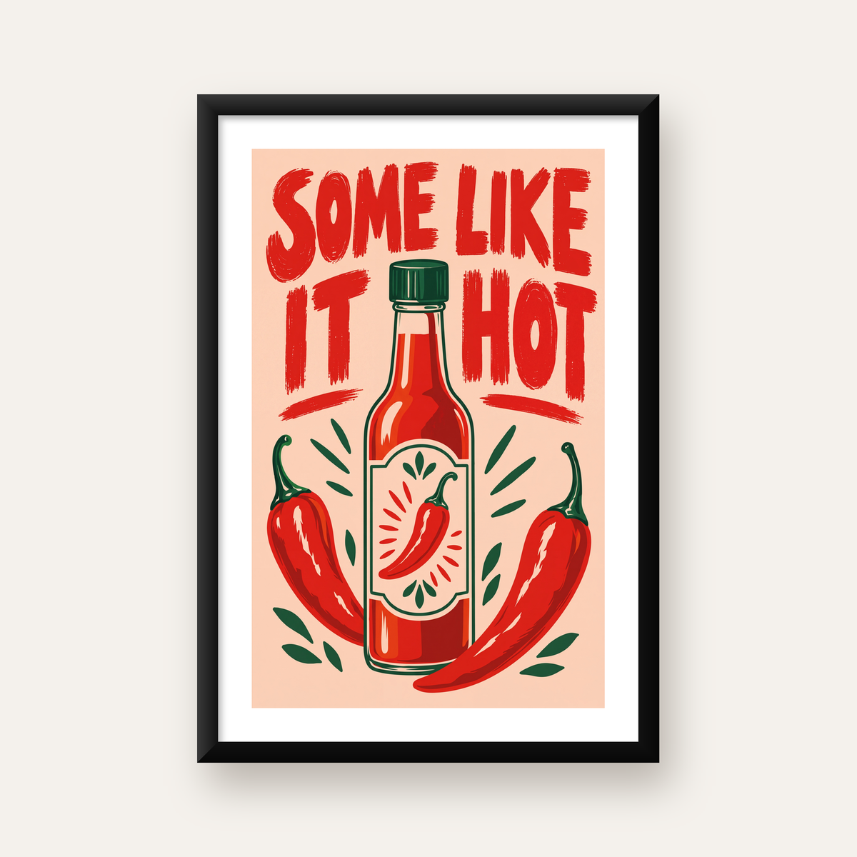 Some Like It Hot Acı Sos & Kırmızı Biber Retro Poster — beyaz paspartulu, düz siyah çerçeveli