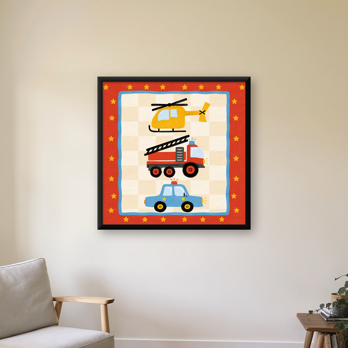 Çocuklar İçin Eğlenceli Araçlar Poster Sanat Baskısı — Kare baskı, çerçeveli hâliyle bir ev duvarında