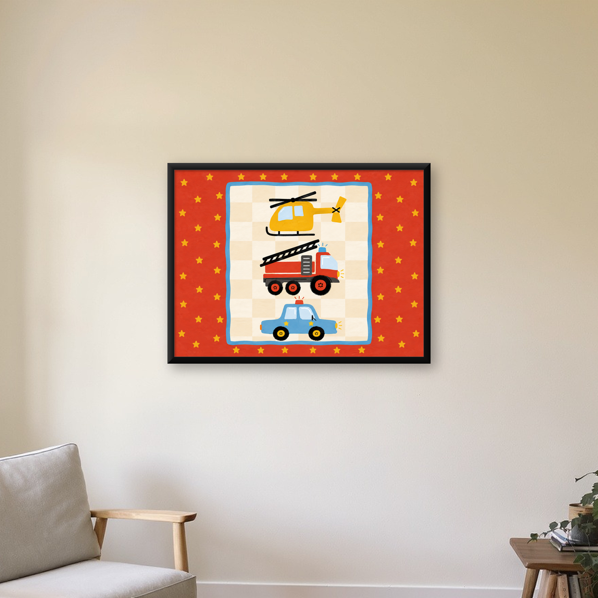 Çocuklar İçin Eğlenceli Araçlar Poster Sanat Baskısı — Yatay baskı, çerçeveli hâliyle bir ev duvarında