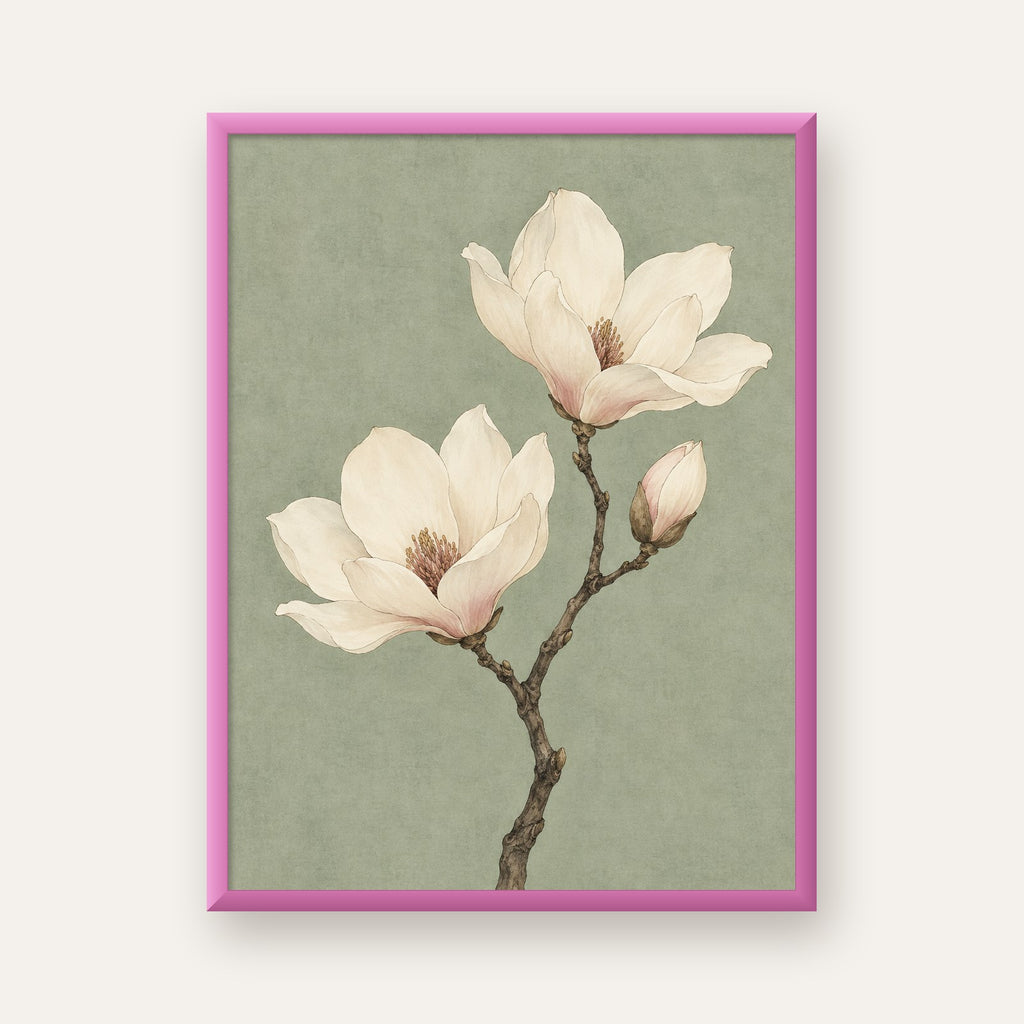 Adaçayı Yeşili Manolya Botanik Poster — pembe çerçeveli