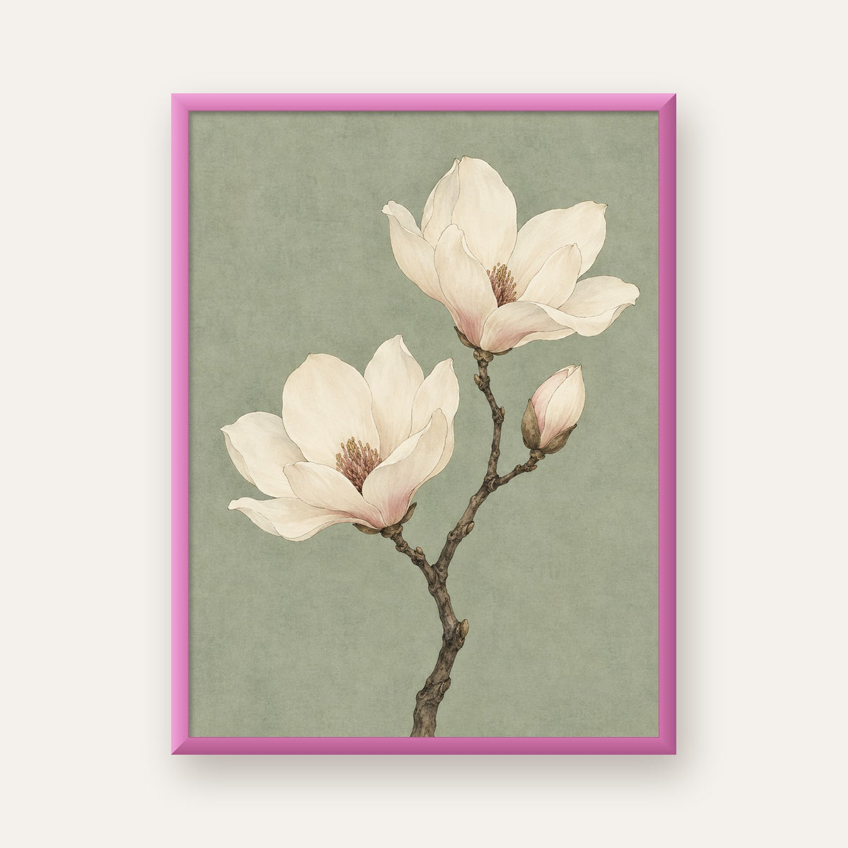 Adaçayı Yeşili Manolya Botanik Poster — pembe çerçeveli