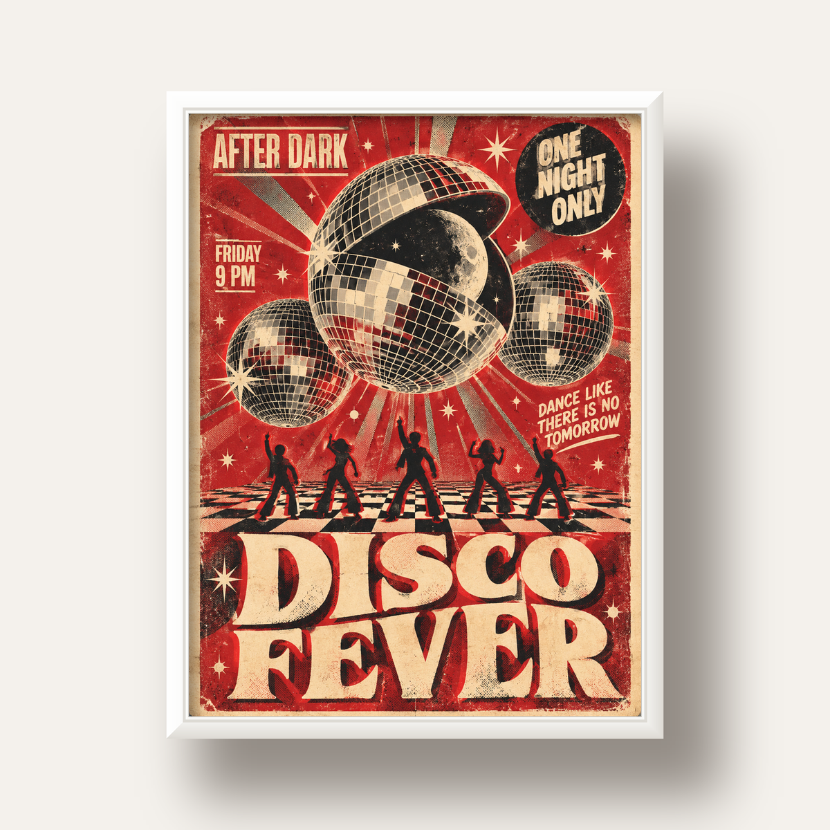 Retro Disco Poster – Pop Art Stil Dans Temalı Duvar Dekoru — beyaz derin çerçeveli