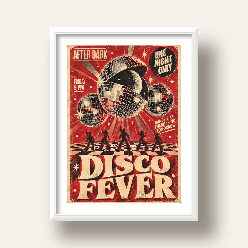 Retro Disco Poster – Pop Art Stil Dans Temalı Duvar Dekoru — beyaz derin çerçeveli paspartulu
