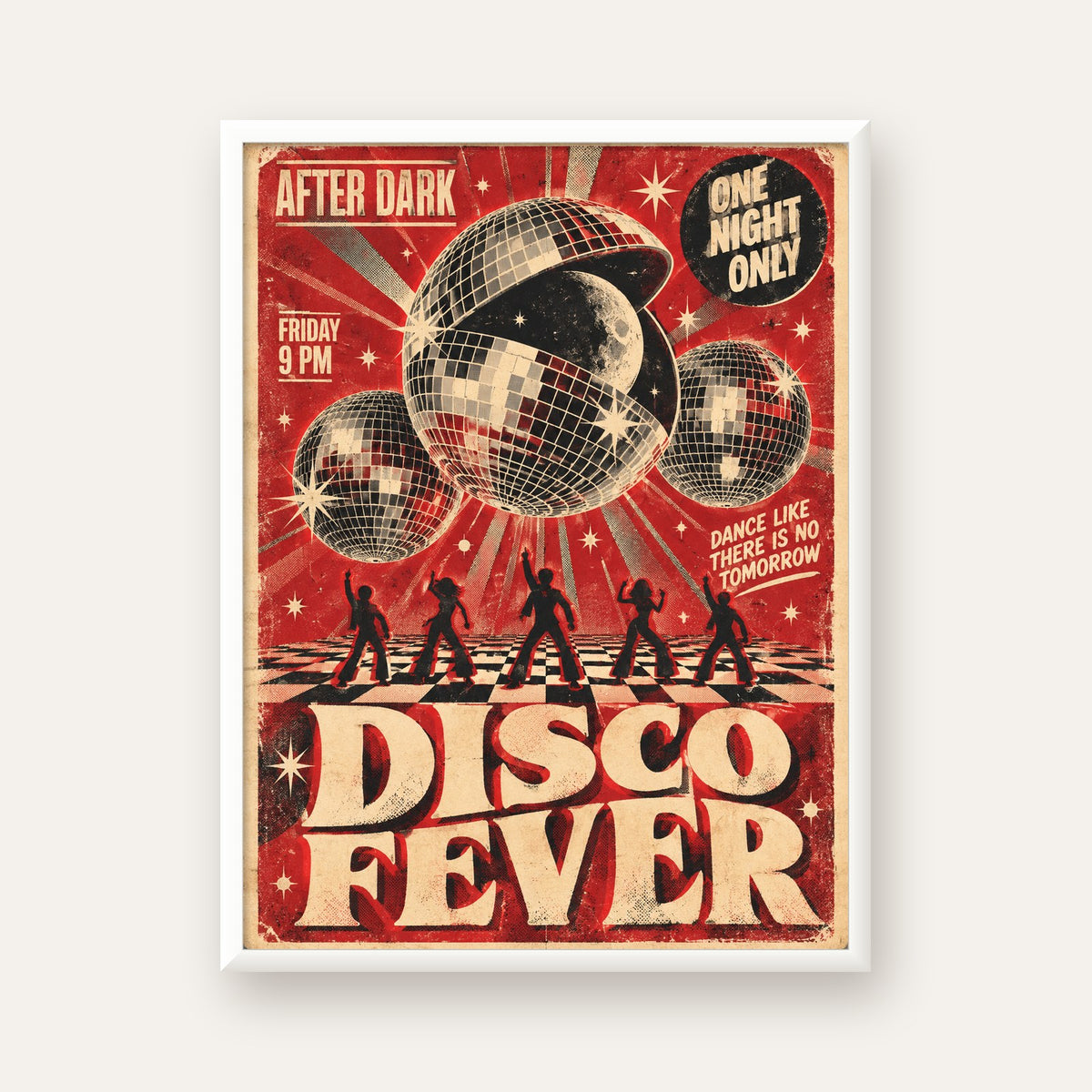 Retro Disco Poster – Pop Art Stil Dans Temalı Duvar Dekoru — beyaz çerçeveli dikey poster