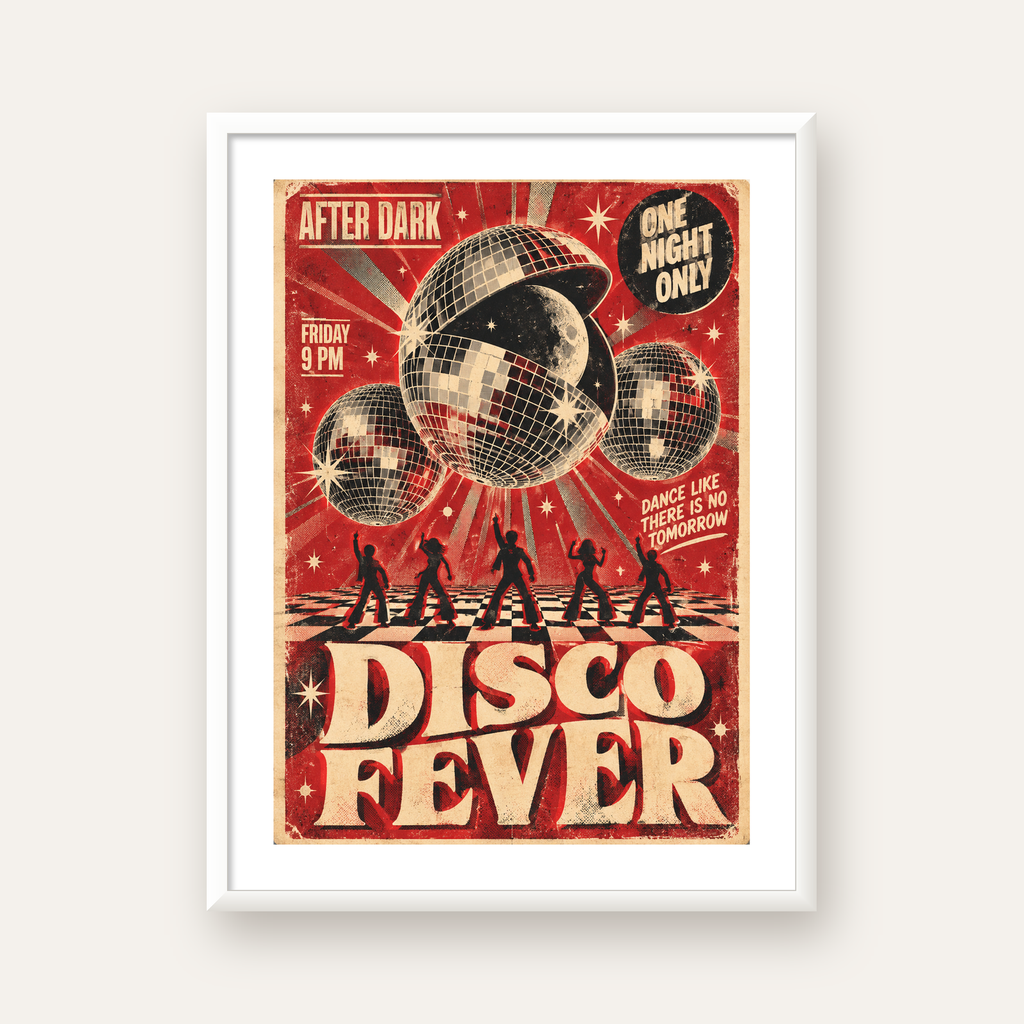 Retro Disco Poster – Pop Art Stil Dans Temalı Duvar Dekoru — beyaz çerçeveli dikey poster