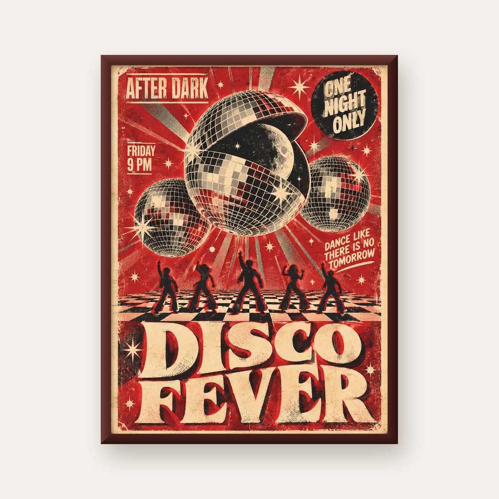 Retro Disco Poster – Pop Art Stil Dans Temalı Duvar Dekoru — ceviz çerçeveli