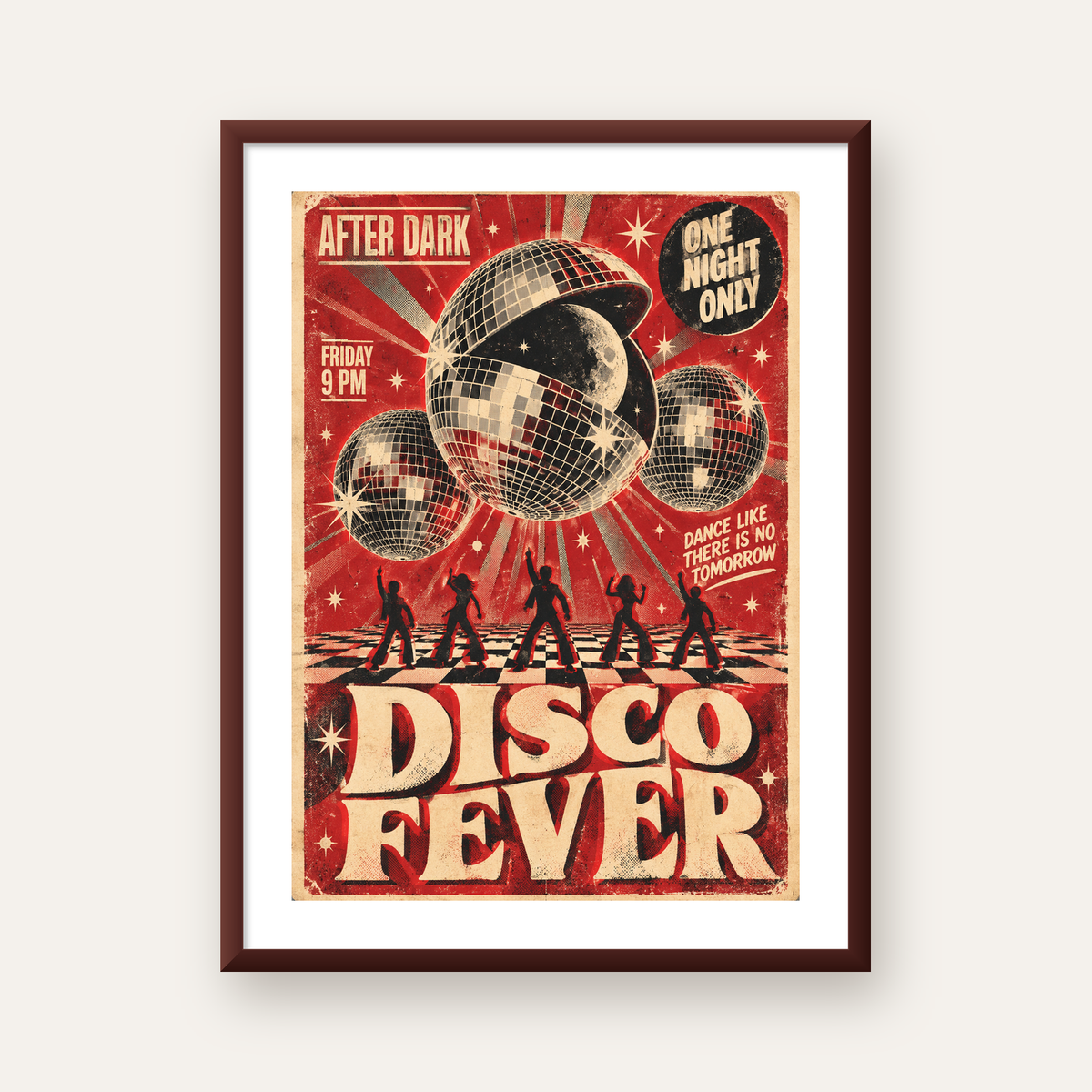 Retro Disco Poster – Pop Art Stil Dans Temalı Duvar Dekoru — ceviz çerçeveli paspartulu