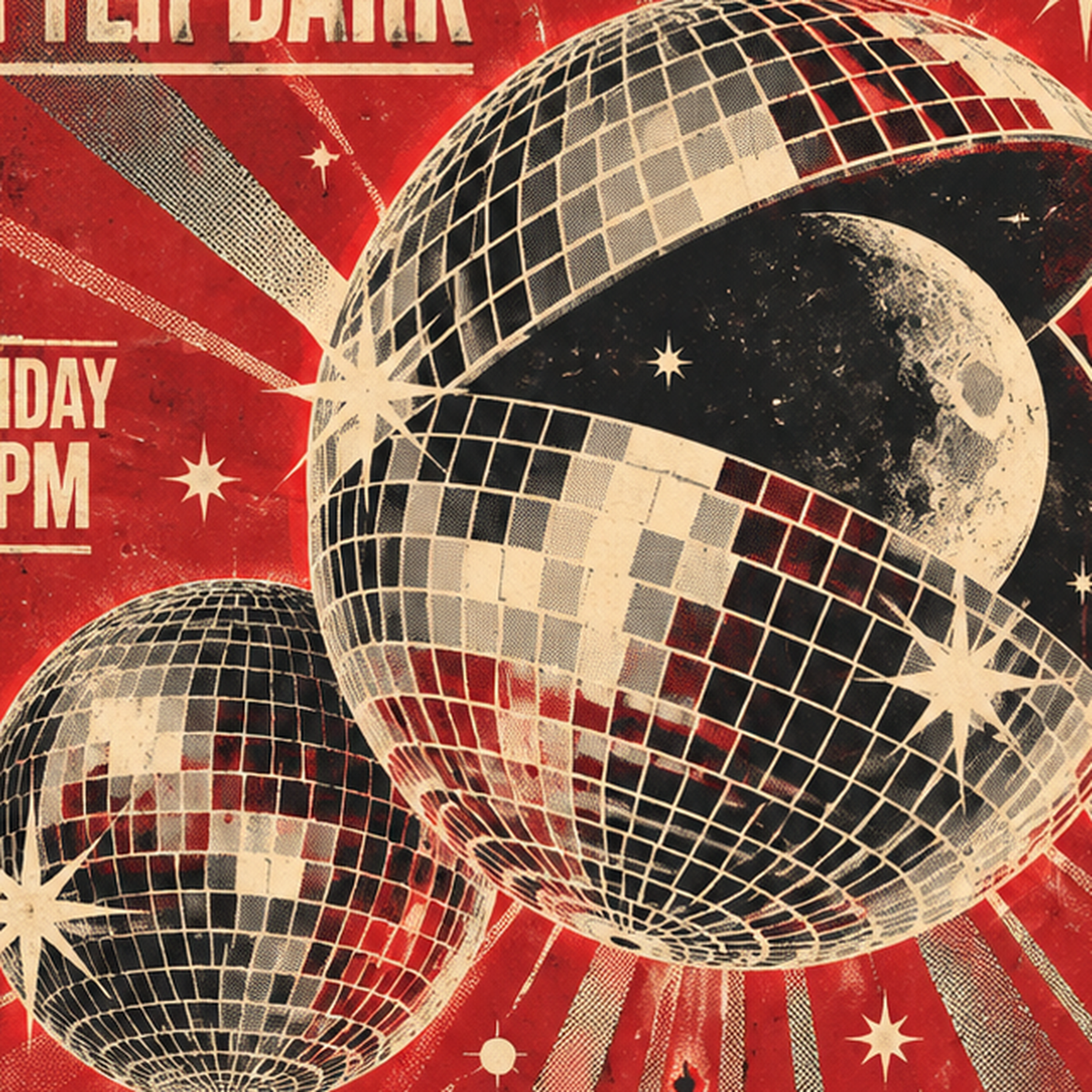 Retro Disco Poster – Pop Art Stil Dans Temalı Duvar Dekoru — baskının yakın çekimi, kâğıt dokusu ve renk detayı