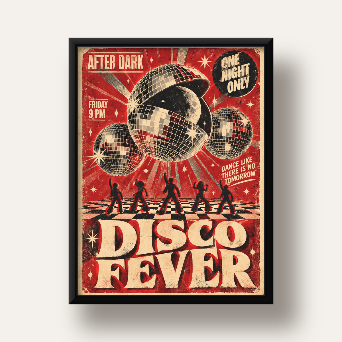 Retro Disco Poster – Pop Art Stil Dans Temalı Duvar Dekoru — siyah derin çerçeveli