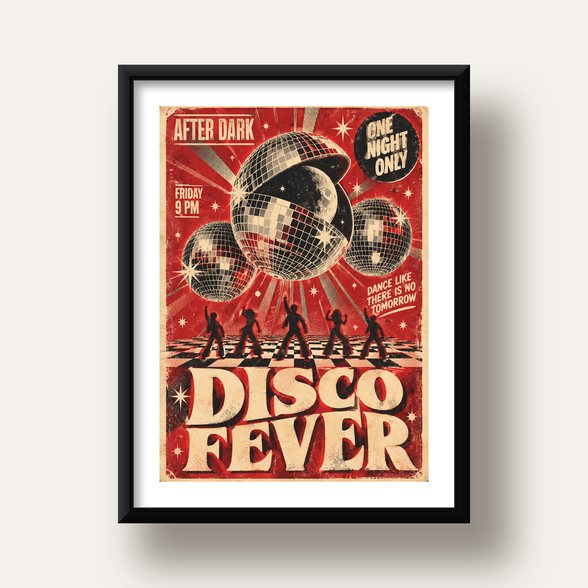 Retro Disco Poster – Pop Art Stil Dans Temalı Duvar Dekoru — siyah derin çerçeveli paspartulu