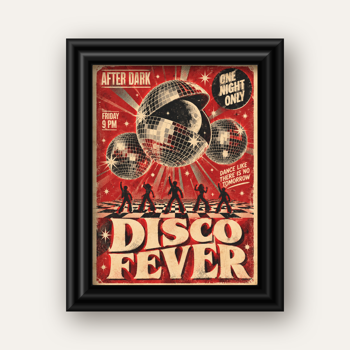 Retro Disco Poster – Pop Art Stil Dans Temalı Duvar Dekoru — siyah galeri çerçeveli