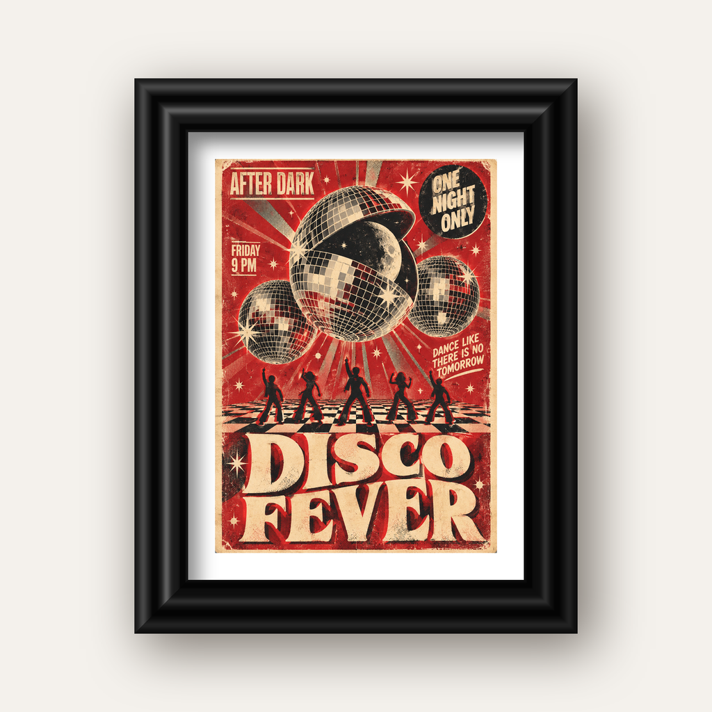Retro Disco Poster – Pop Art Stil Dans Temalı Duvar Dekoru — siyah galeri çerçeveli paspartulu
