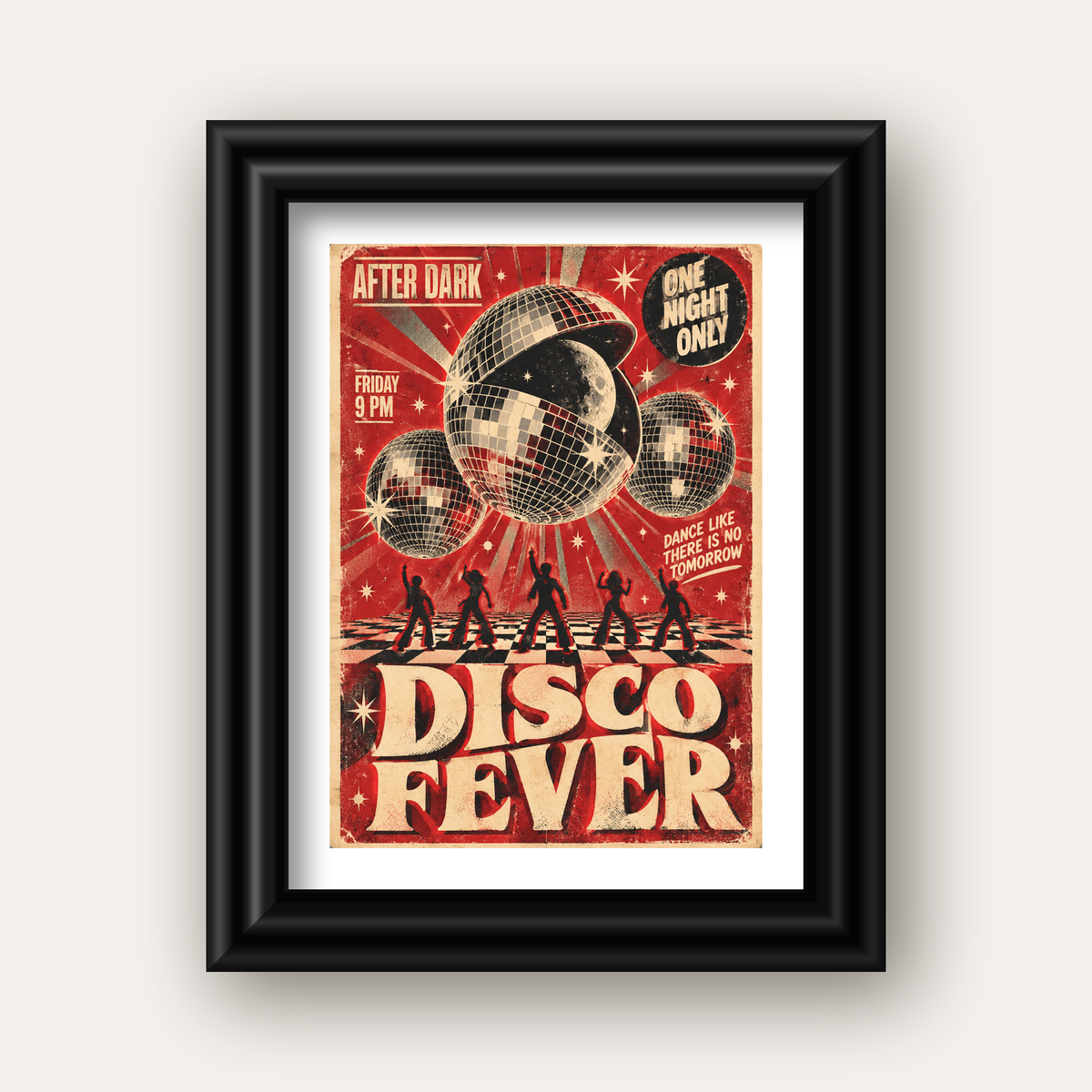 Retro Disco Poster – Pop Art Stil Dans Temalı Duvar Dekoru — siyah galeri çerçeveli paspartulu