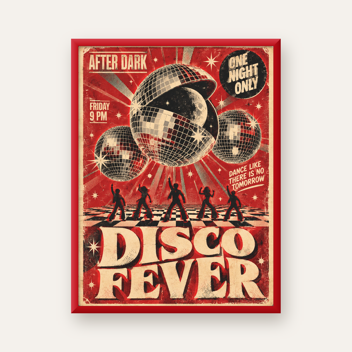 Retro Disco Poster – Pop Art Stil Dans Temalı Duvar Dekoru — kırmızı çerçeveli