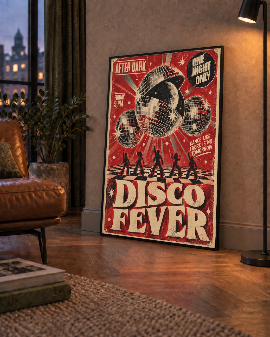 Retro Disco Poster – Pop Art Stil Dans Temalı Duvar Dekoru — çerçeveli hâliyle bir ev duvarında