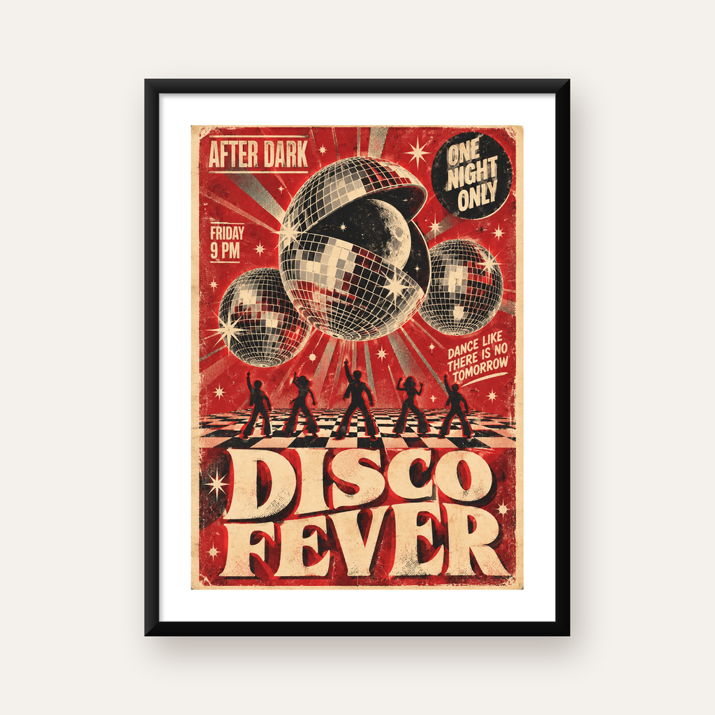 Retro Disco Poster – Pop Art Stil Dans Temalı Duvar Dekoru — Dikey baskı, beyaz paspartulu
