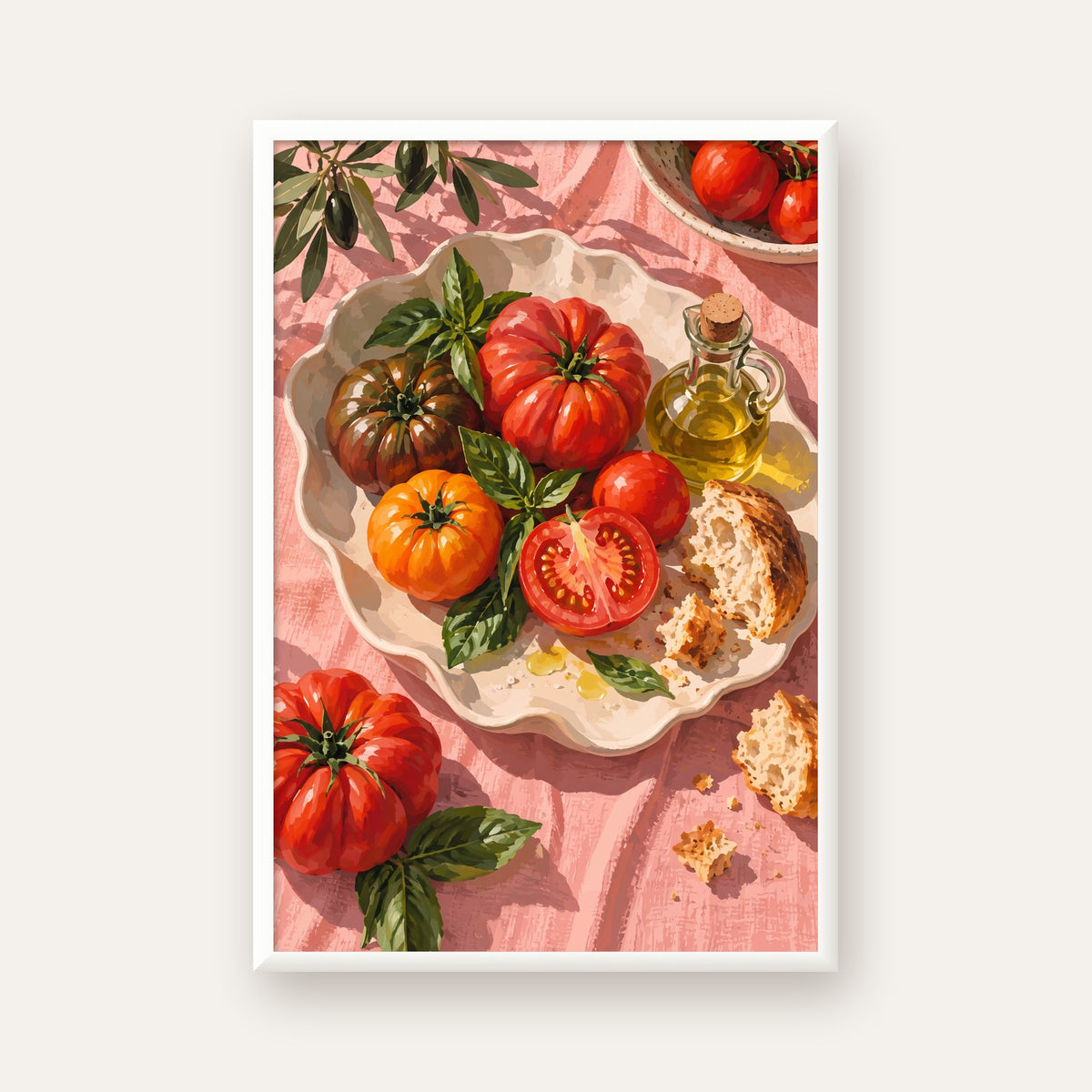 Akdeniz Domates ve Zeytinyağı Natürel Stil Sanat Posteri — beyaz çerçeveli dikey poster